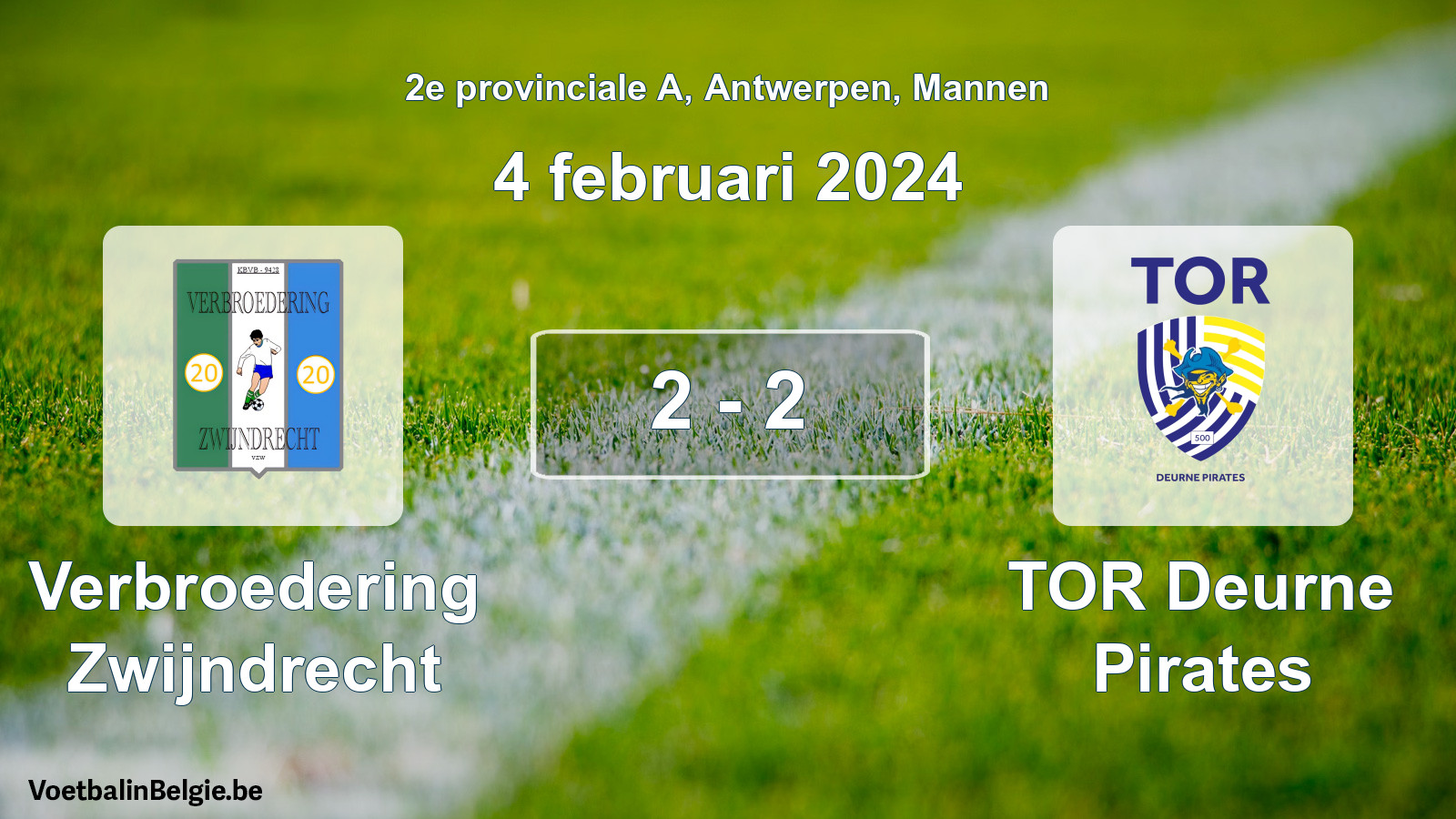 Gespeelde wedstrijd mannenvoetbal: Verbroedering Zwijndrecht - TOR Deurne Pirates 2 - 2 (4 februari 2024)