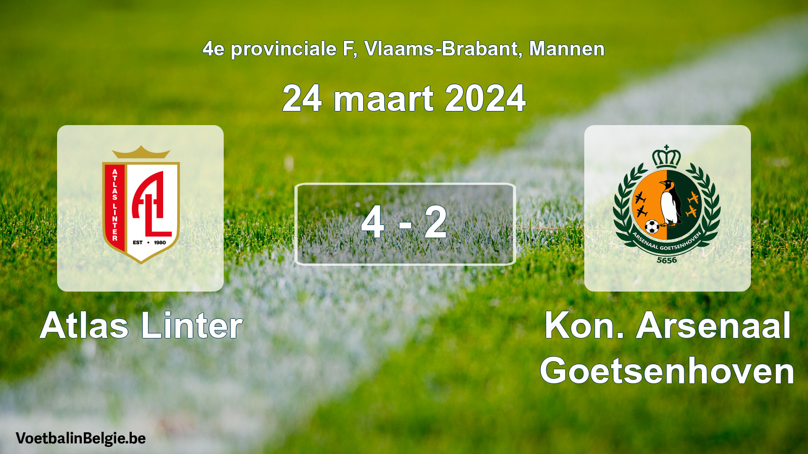 Gespeelde wedstrijd mannenvoetbal: Atlas Linter - Kon. Arsenaal Goetsenhoven 4 - 2 (24 maart 2024)