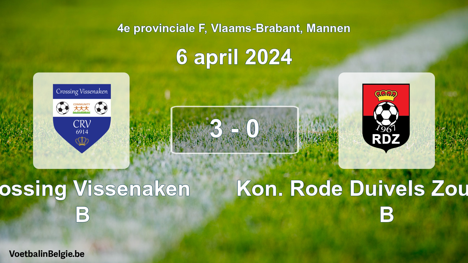 Gespeelde wedstrijd mannenvoetbal: Crossing Vissenaken B - Kon. Rode Duivels Zoutleeuw B 3 - 0 (6 april 2024)