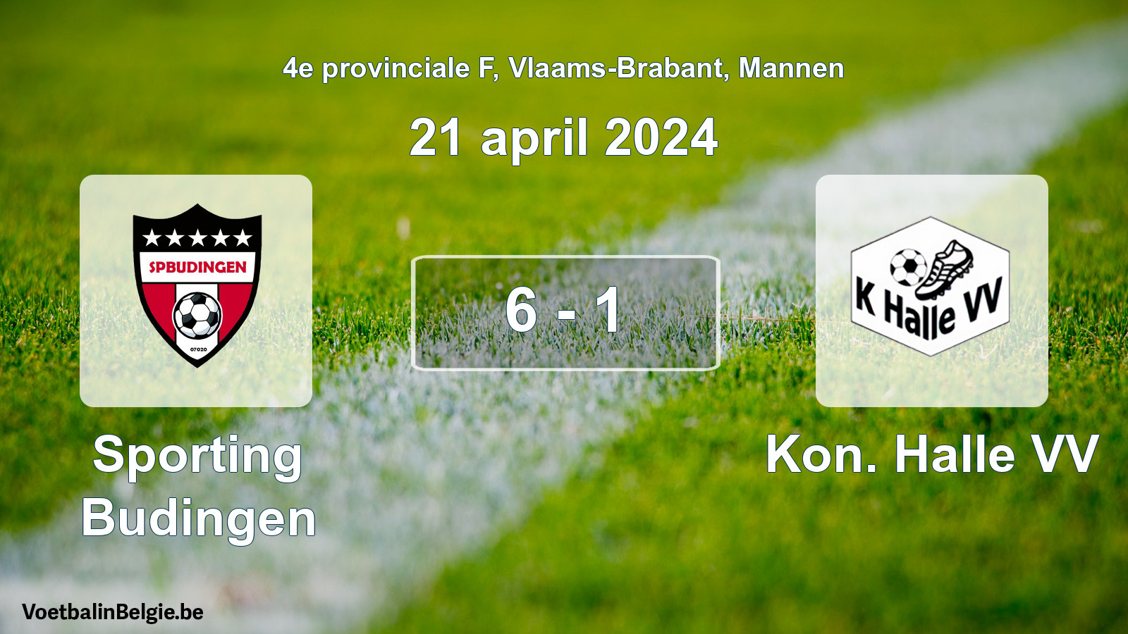 Gespeelde wedstrijd mannenvoetbal: Sporting Budingen - Kon. Halle VV 6 - 1 (21 april 2024)