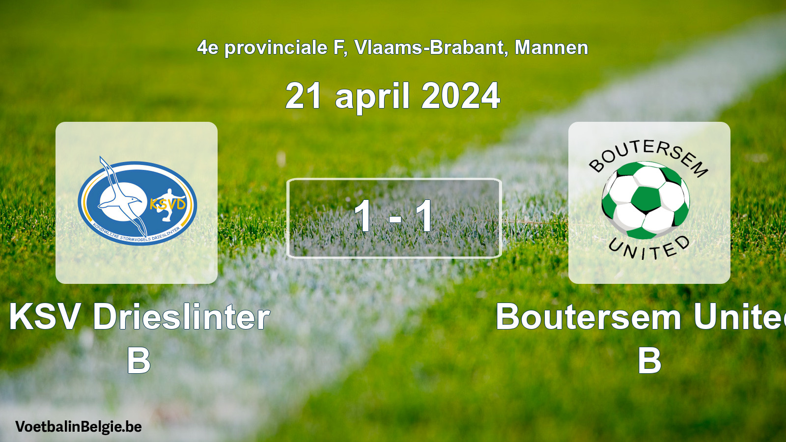 Gespeelde wedstrijd mannenvoetbal: KSV Drieslinter B - Boutersem United B 1 - 1 (21 april 2024)