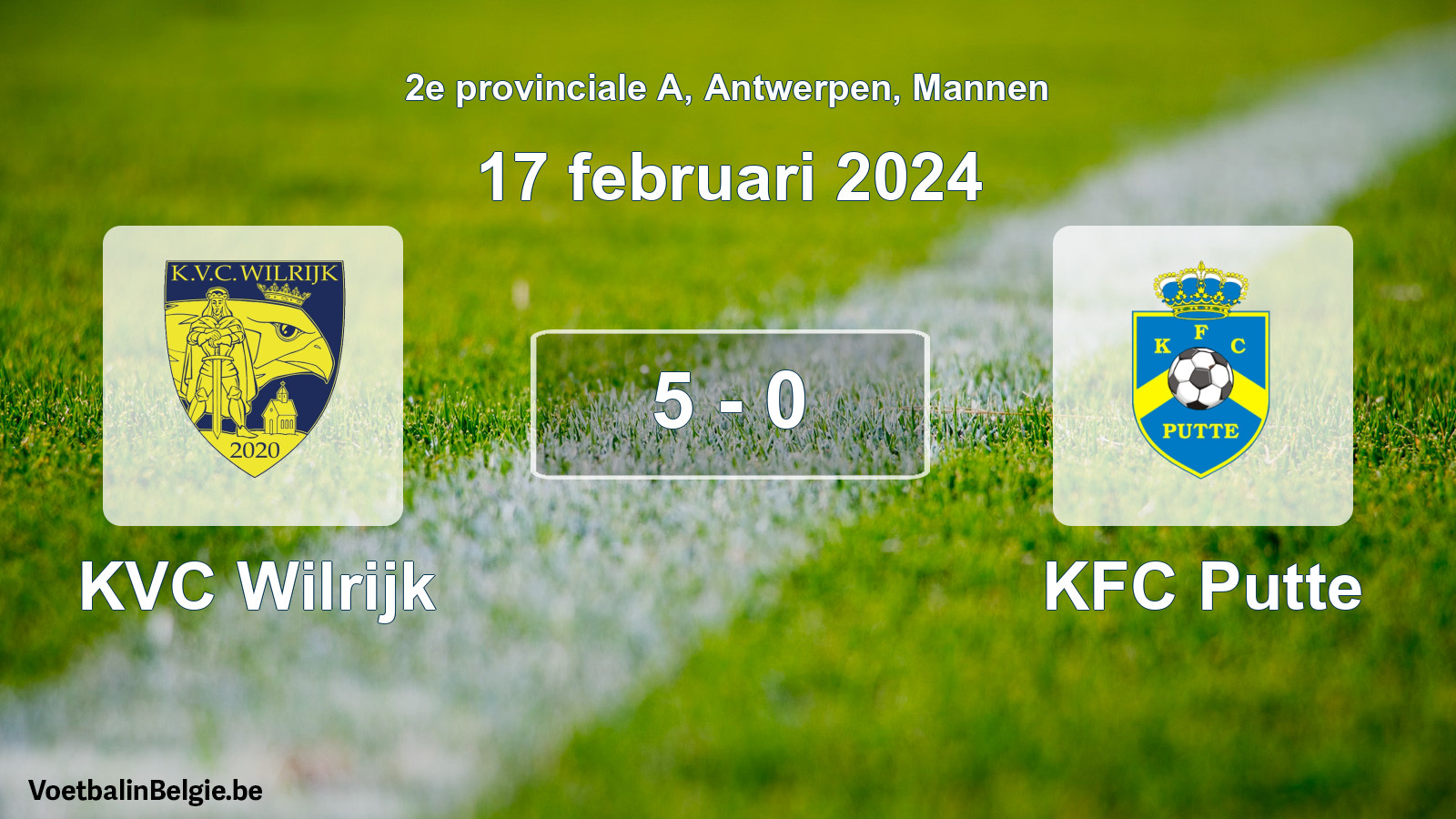 Gespeelde wedstrijd mannenvoetbal: KVC Wilrijk - KFC Putte 5 - 0 (17 februari 2024)