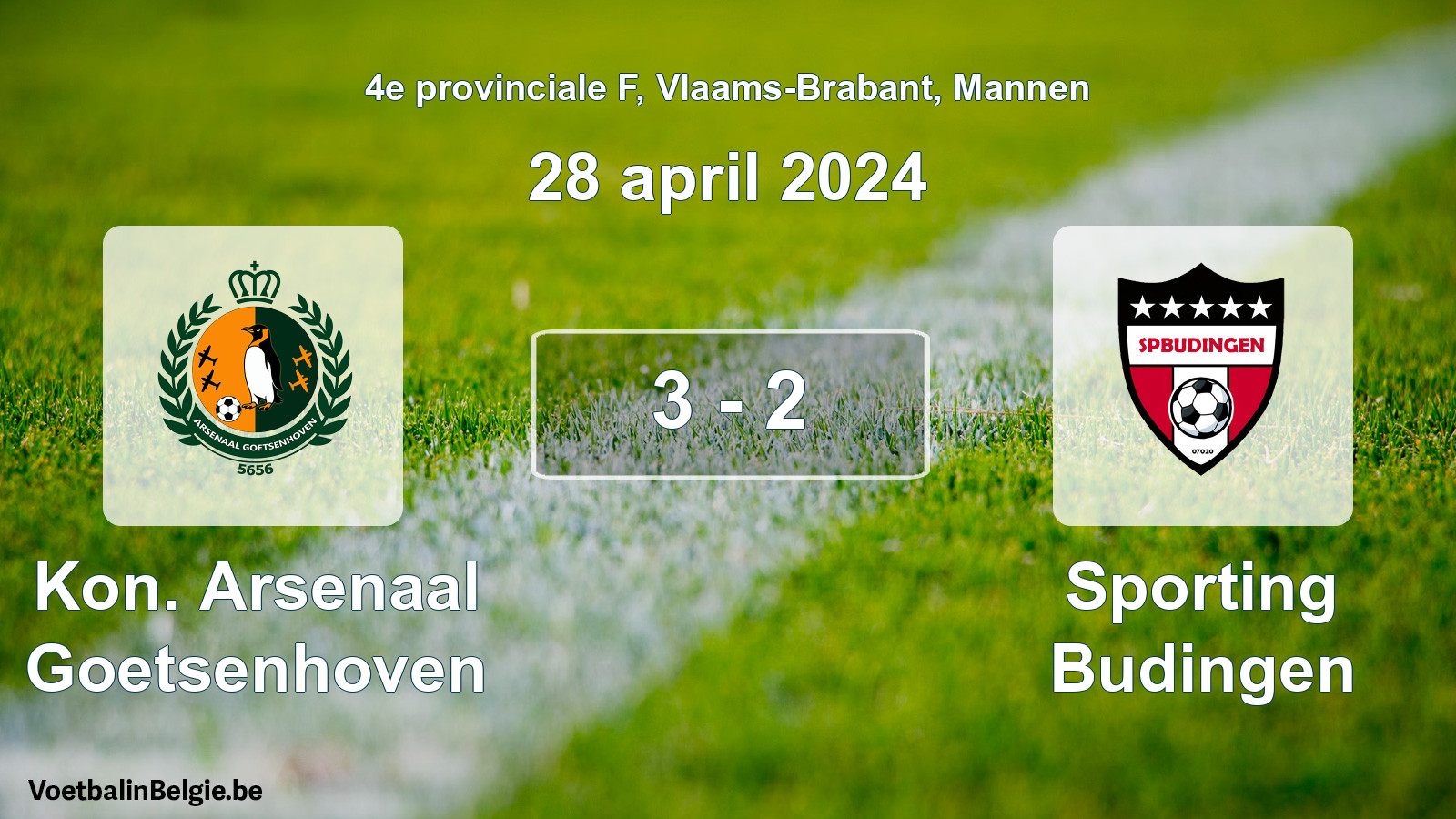 Gespeelde wedstrijd mannenvoetbal: Kon. Arsenaal Goetsenhoven - Sporting Budingen 3 - 2 (28 april 2024)