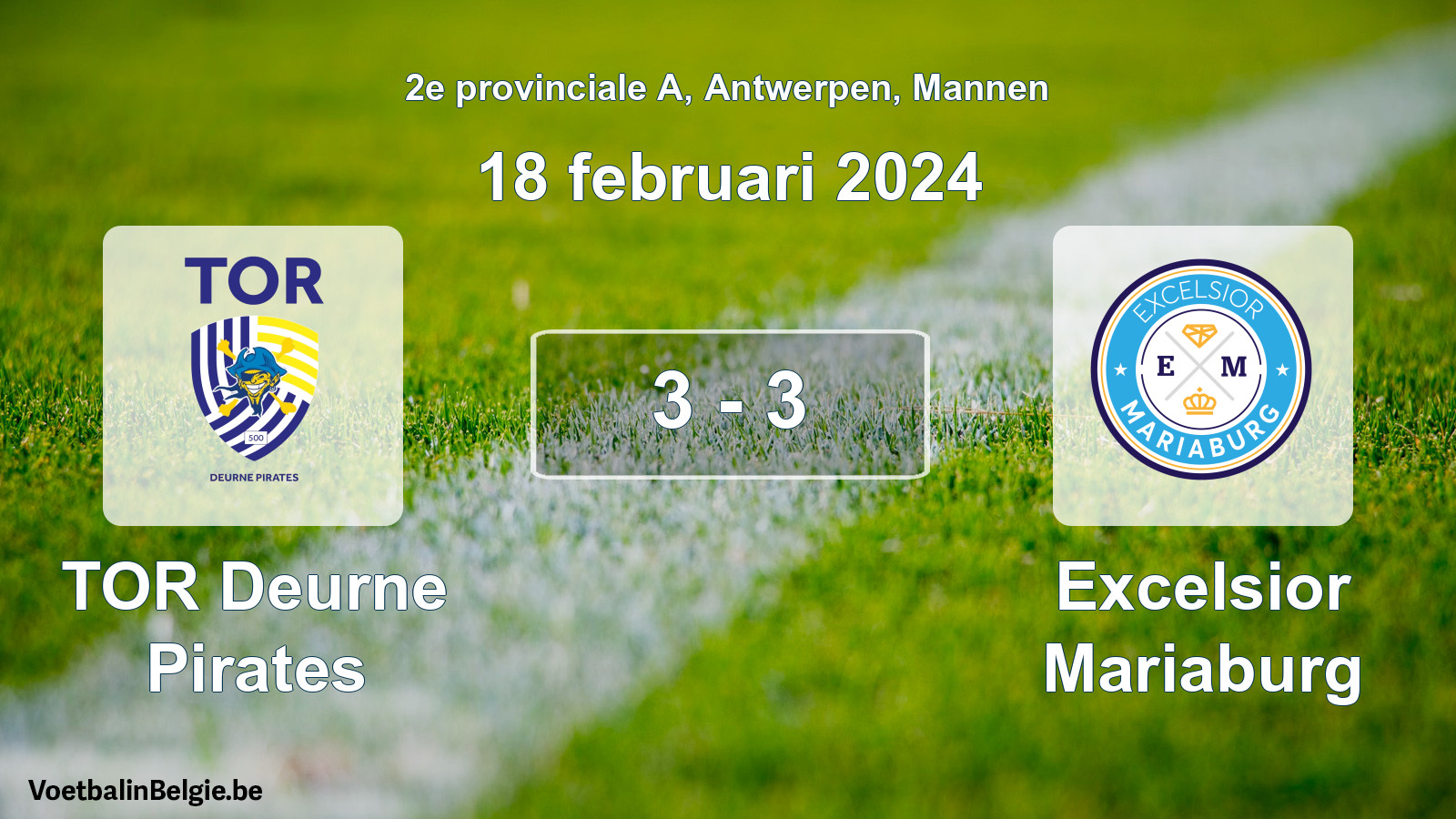 Gespeelde wedstrijd mannenvoetbal: TOR Deurne Pirates - Excelsior Mariaburg 3 - 3 (18 februari 2024)