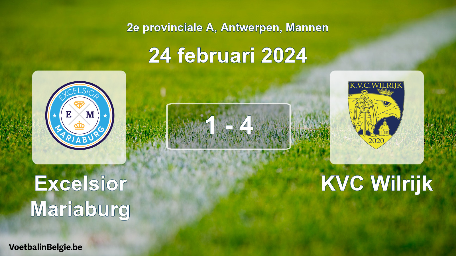 Gespeelde wedstrijd mannenvoetbal: Excelsior Mariaburg - KVC Wilrijk 1 - 4 (24 februari 2024)
