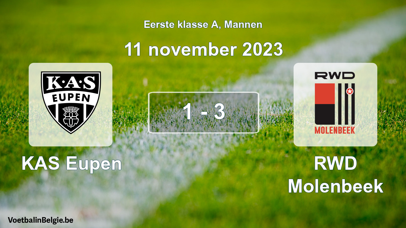 Gespeelde wedstrijd mannenvoetbal: KAS Eupen - RWD Molenbeek 1 - 3 (11 november 2023)