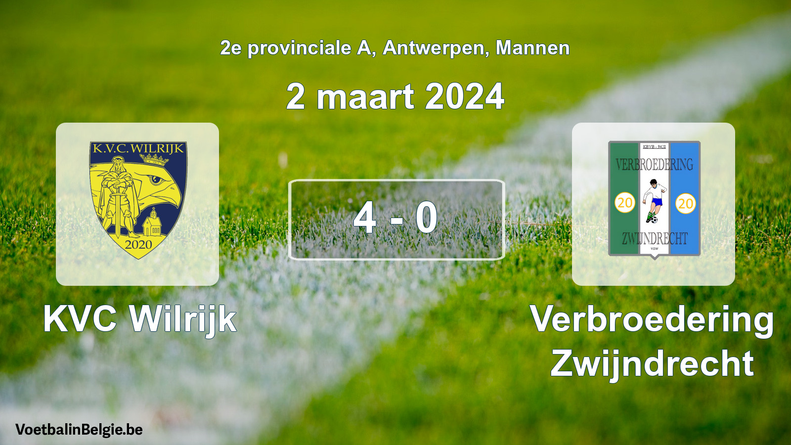 Gespeelde wedstrijd mannenvoetbal: KVC Wilrijk - Verbroedering Zwijndrecht 4 - 0 (2 maart 2024)