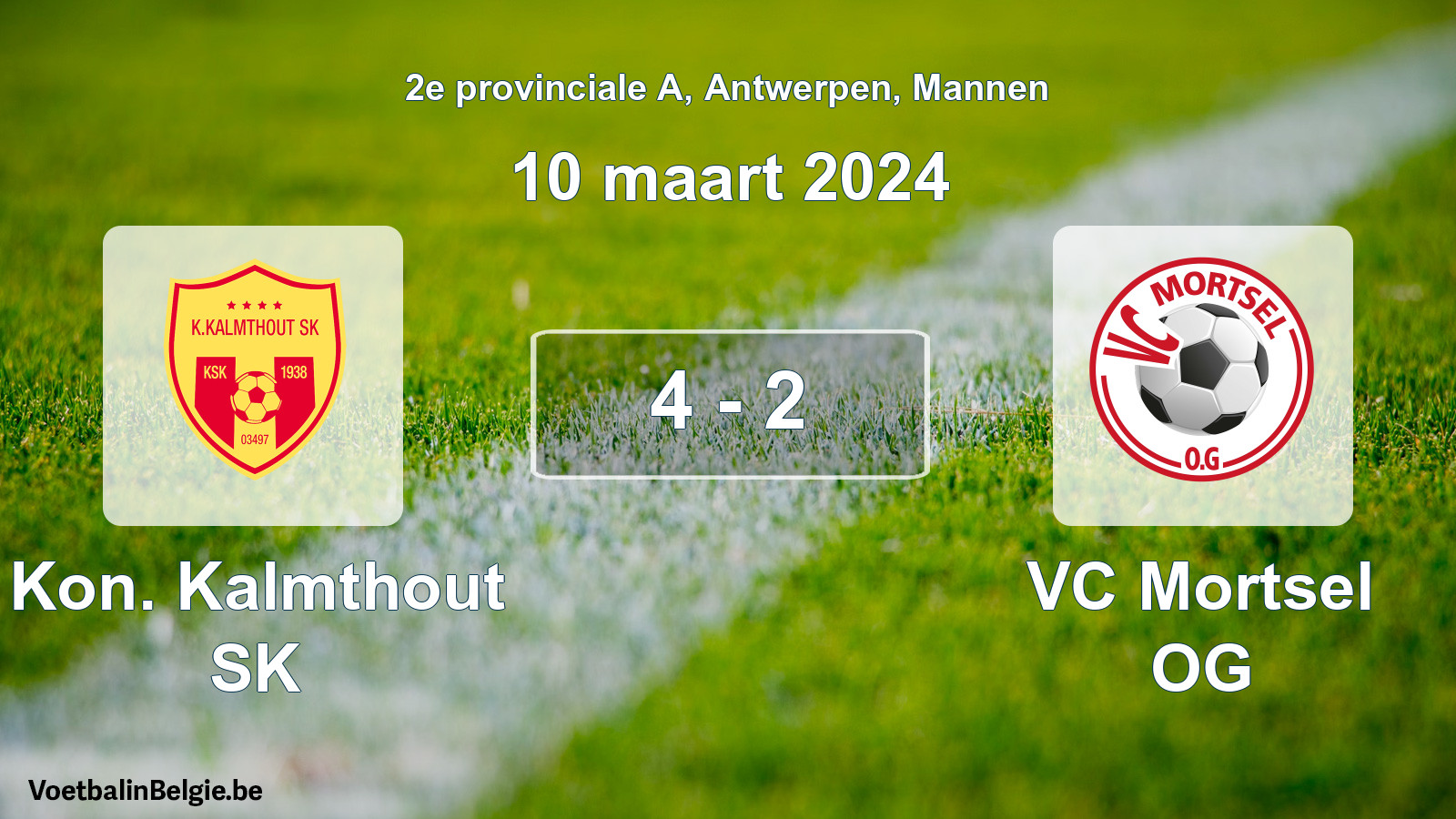 Gespeelde wedstrijd mannenvoetbal: Kon. Kalmthout SK - VC Mortsel OG 4 - 2 (10 maart 2024)