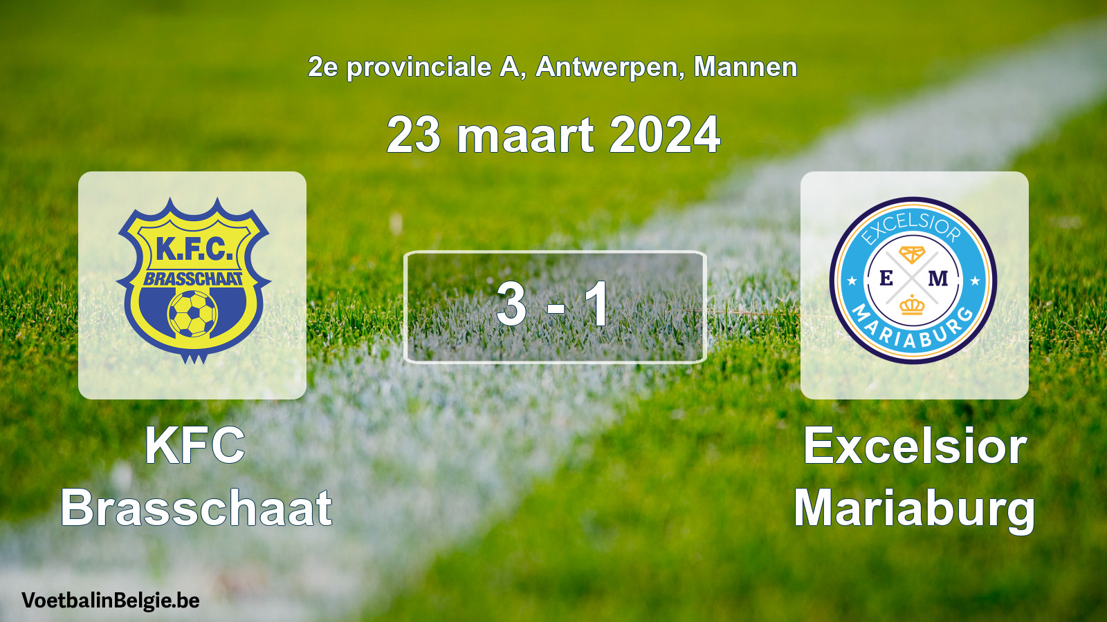 Gespeelde wedstrijd mannenvoetbal: KFC Brasschaat - Excelsior Mariaburg 3 - 1 (23 maart 2024)