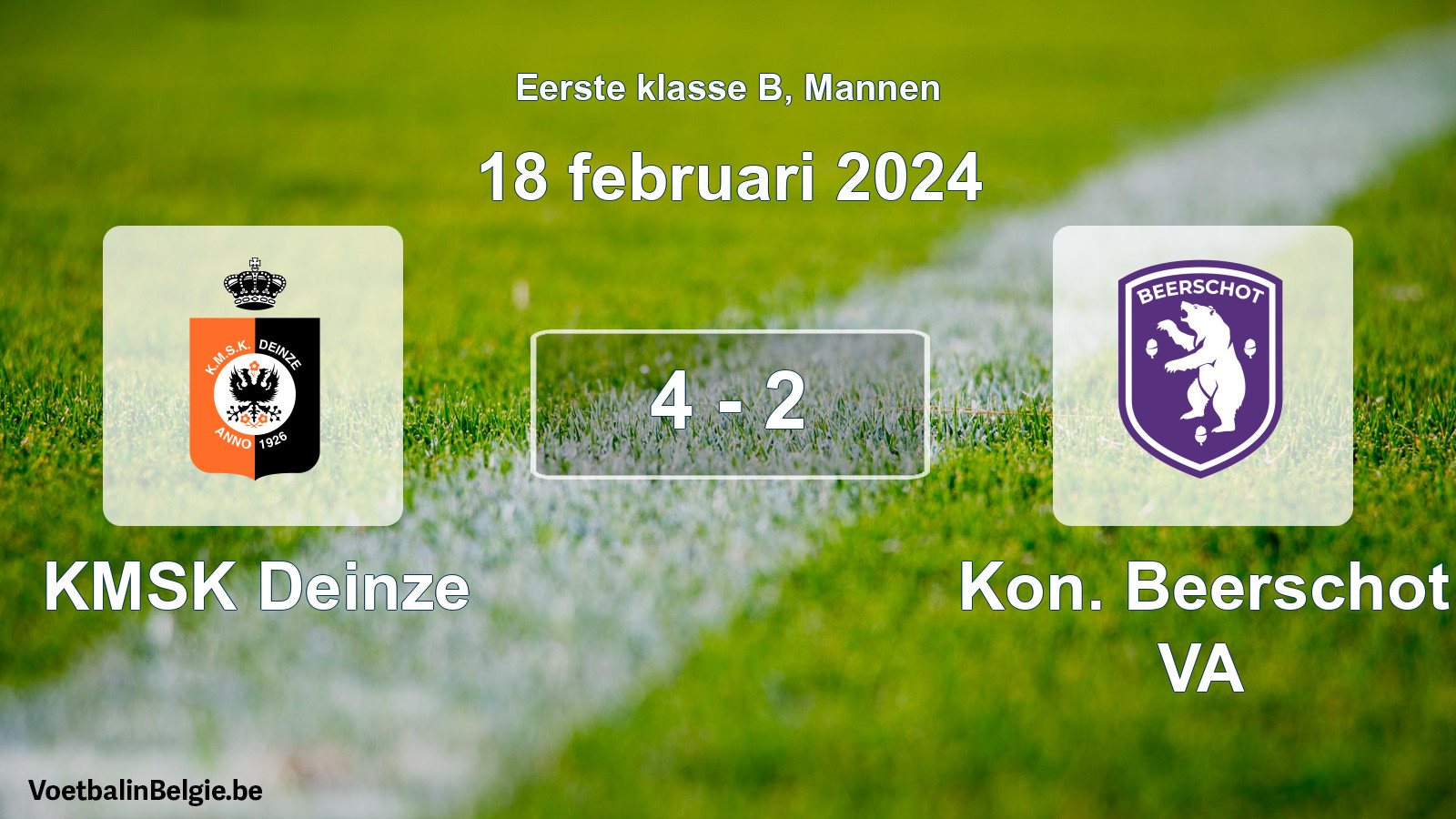Gespeelde wedstrijd mannenvoetbal: KMSK Deinze - Kon. Beerschot VA 4 - 2 (18 februari 2024)