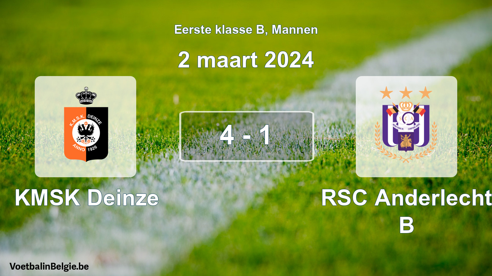Gespeelde wedstrijd mannenvoetbal: KMSK Deinze - RSC Anderlecht B 4 - 1 (2 maart 2024)