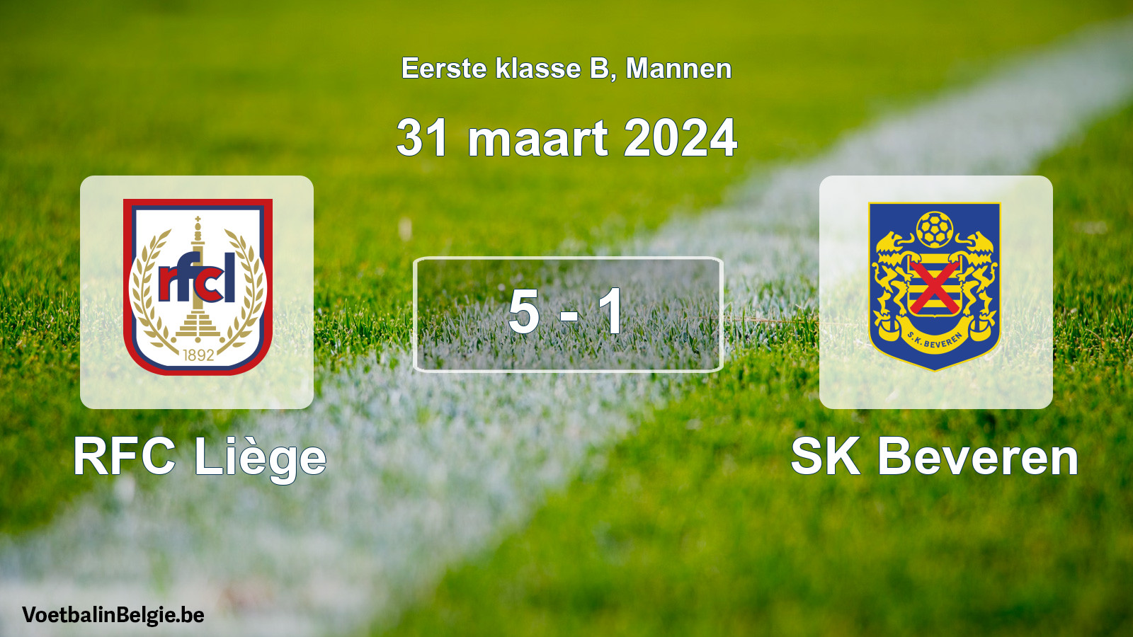 Gespeelde wedstrijd mannenvoetbal: RFC Liège - SK Beveren 5 - 1 (31 maart 2024)