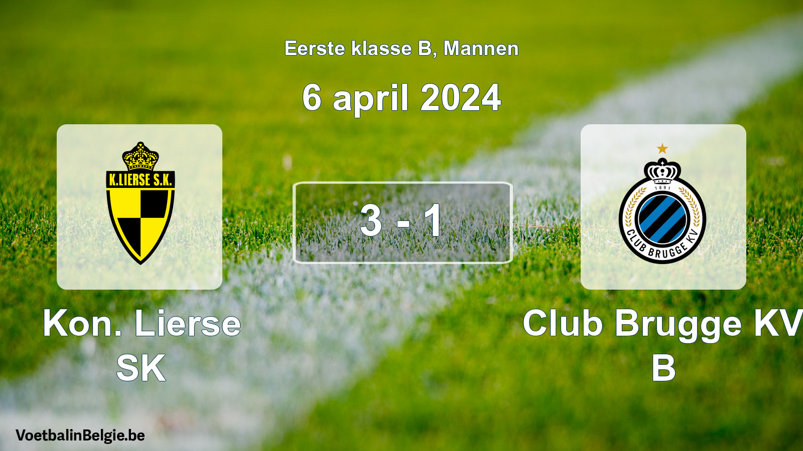 Gespeelde wedstrijd mannenvoetbal: Kon. Lierse SK - Club Brugge KV B 3 - 1 (6 april 2024)