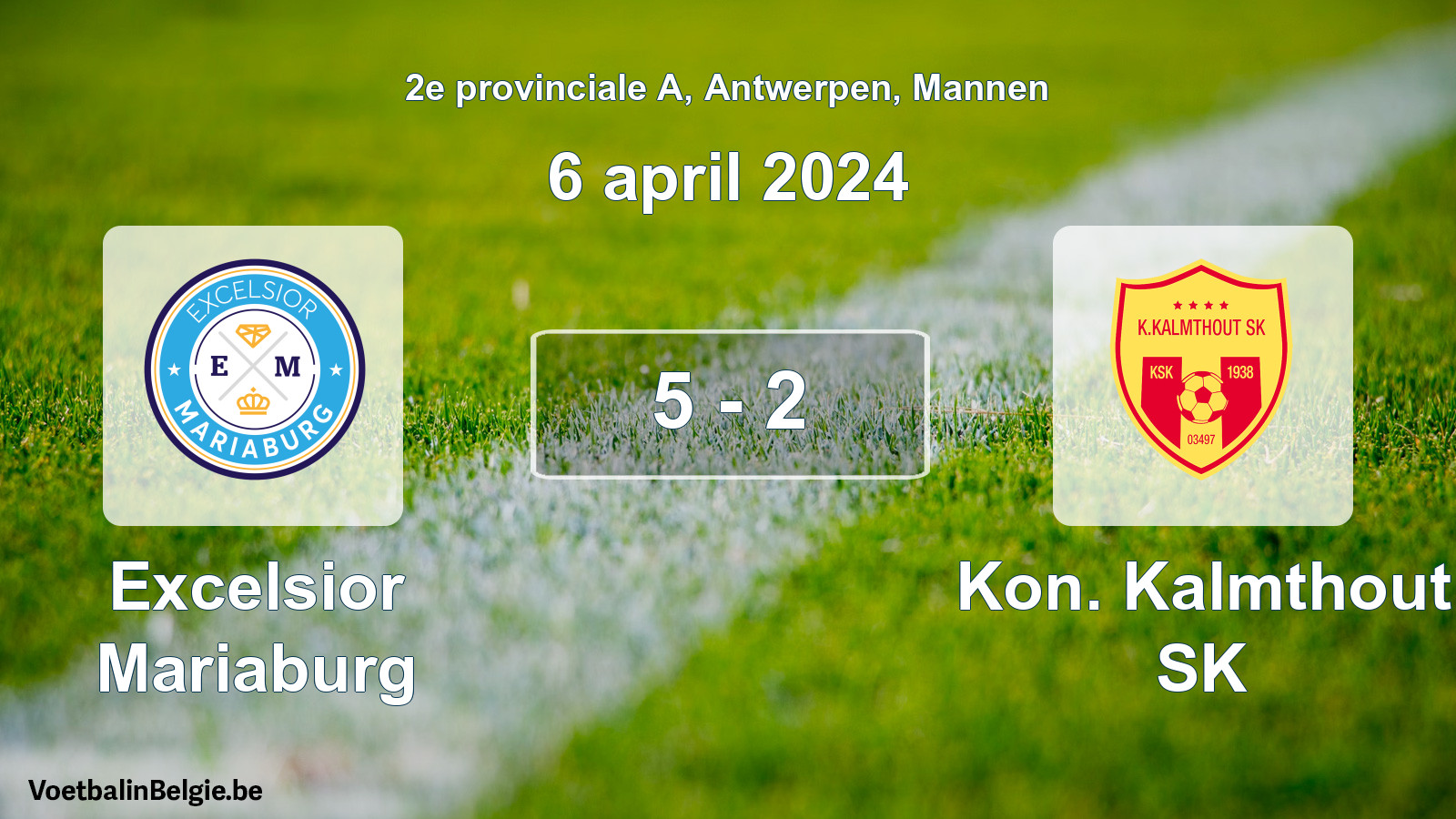 Gespeelde wedstrijd mannenvoetbal: Excelsior Mariaburg - Kon. Kalmthout SK 5 - 2 (6 april 2024)