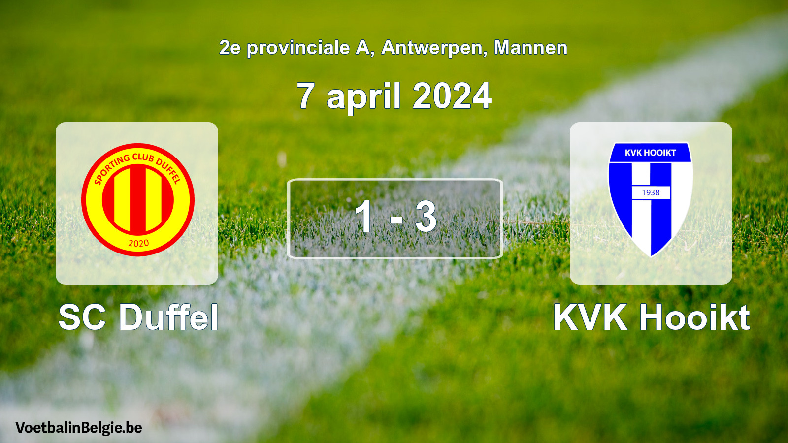 Gespeelde wedstrijd mannenvoetbal: SC Duffel - KVK Hooikt 1 - 3 (7 april 2024)