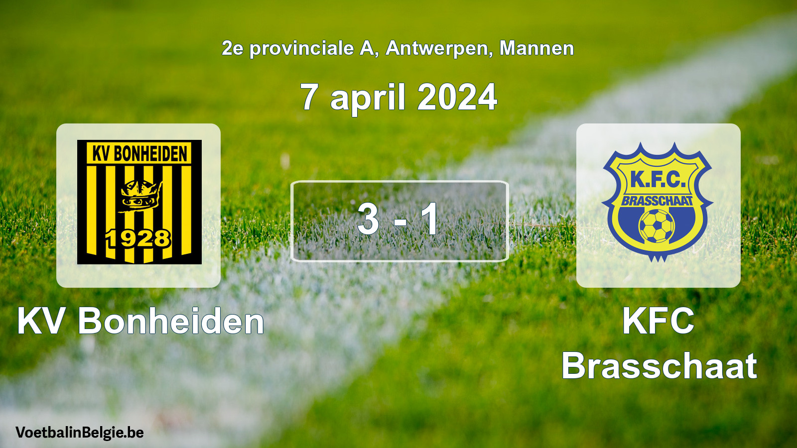 Gespeelde wedstrijd mannenvoetbal: KV Bonheiden - KFC Brasschaat 3 - 1 (7 april 2024)