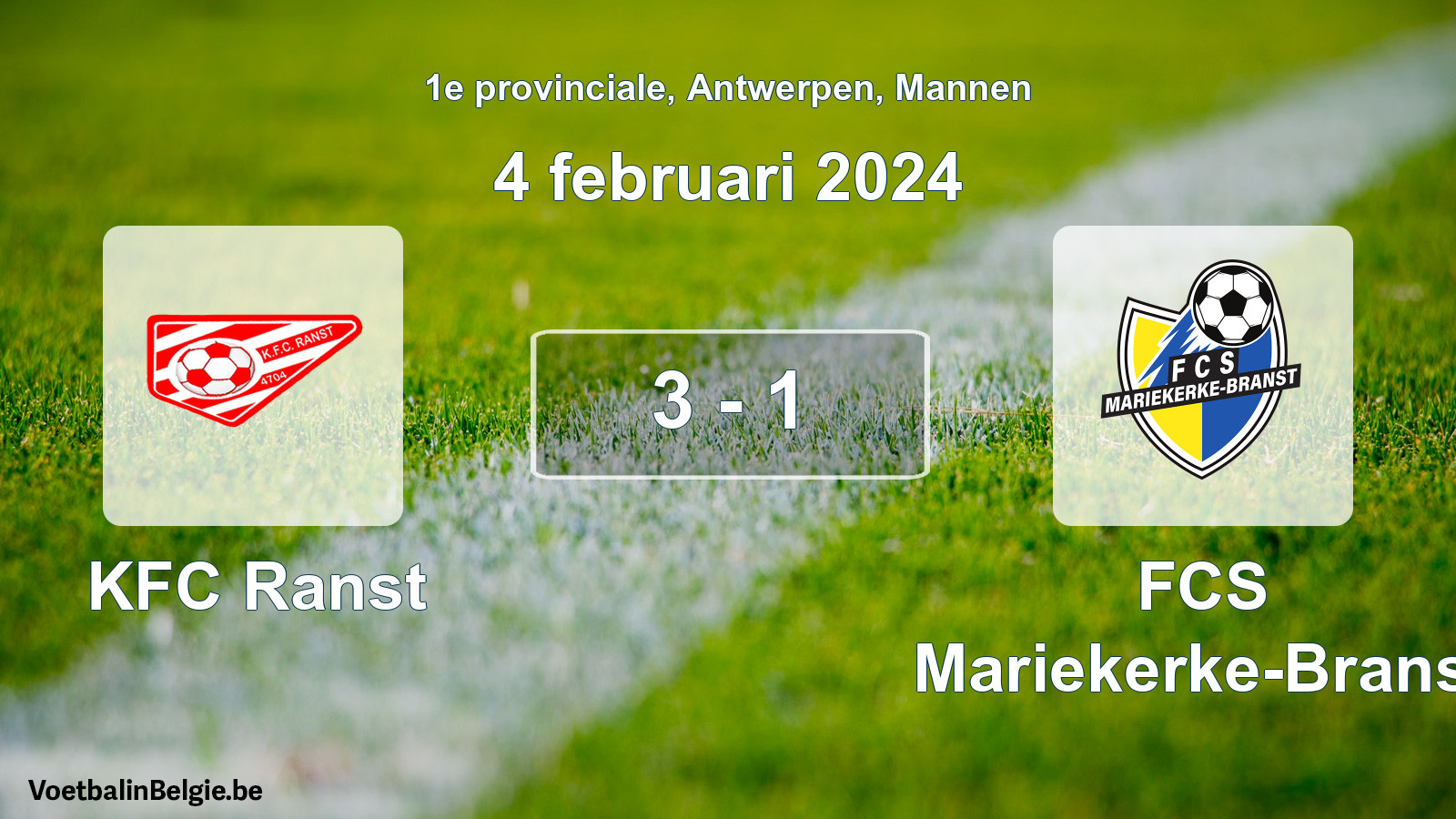 Gespeelde wedstrijd mannenvoetbal: KFC Ranst - FCS Mariekerke-Branst 3 - 1 (4 februari 2024)