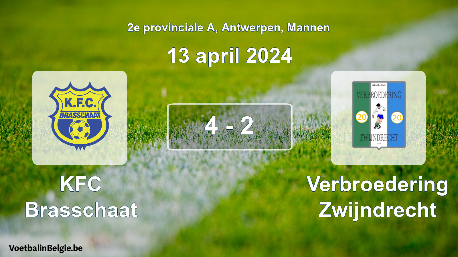 Gespeelde wedstrijd mannenvoetbal: KFC Brasschaat - Verbroedering Zwijndrecht 4 - 2 (13 april 2024)
