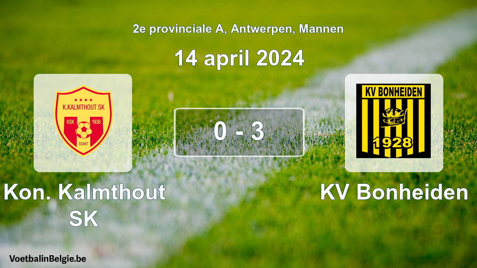 Gespeelde wedstrijd mannenvoetbal: Kon. Kalmthout SK - KV Bonheiden 0 - 3 (14 april 2024)