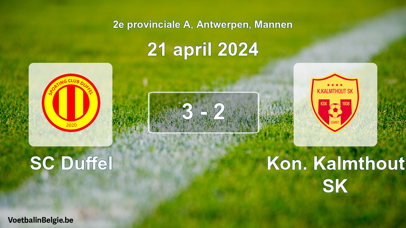 Gespeelde wedstrijd mannenvoetbal: SC Duffel - Kon. Kalmthout SK 3 - 2 (21 april 2024)