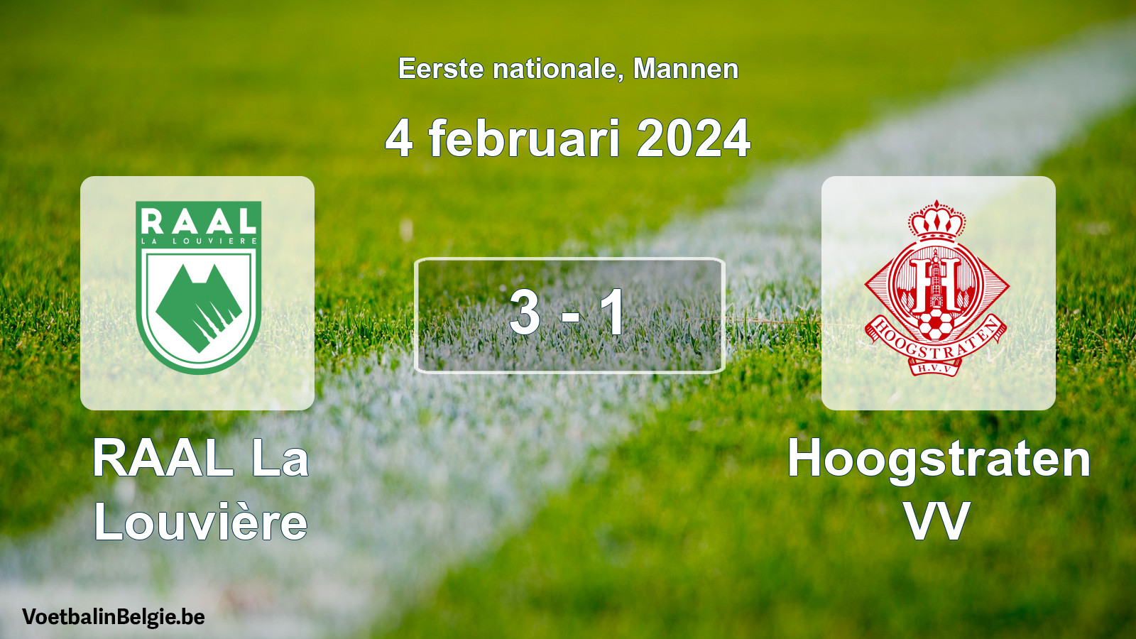 Gespeelde wedstrijd mannenvoetbal: RAAL La Louvière - Hoogstraten VV 3 - 1 (4 februari 2024)