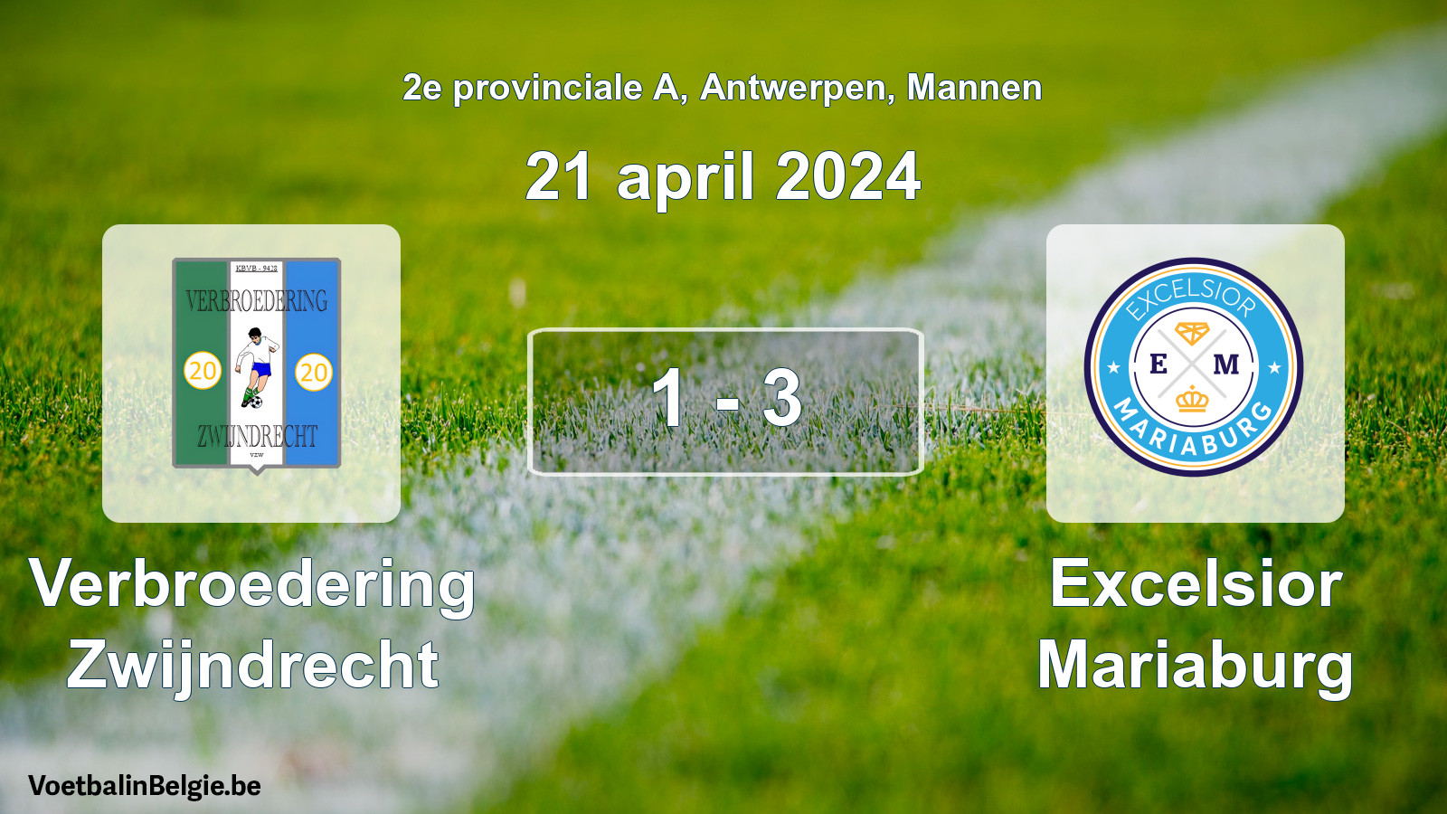Gespeelde wedstrijd mannenvoetbal: Verbroedering Zwijndrecht - Excelsior Mariaburg 1 - 3 (21 april 2024)