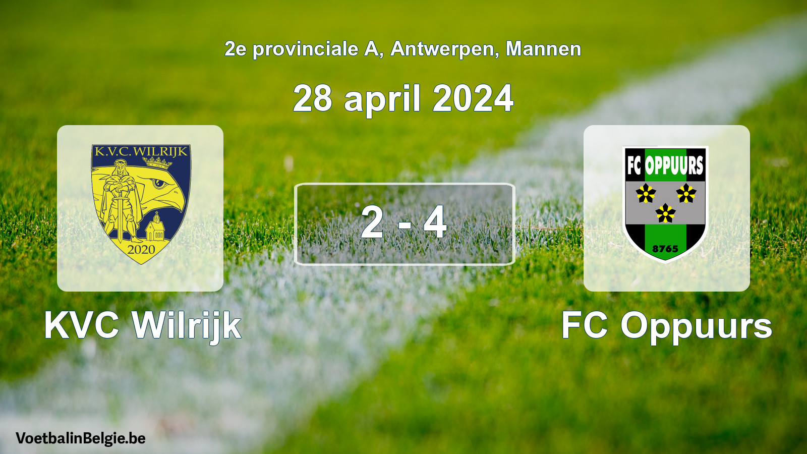 Gespeelde wedstrijd mannenvoetbal: KVC Wilrijk - FC Oppuurs 2 - 4 (28 april 2024)