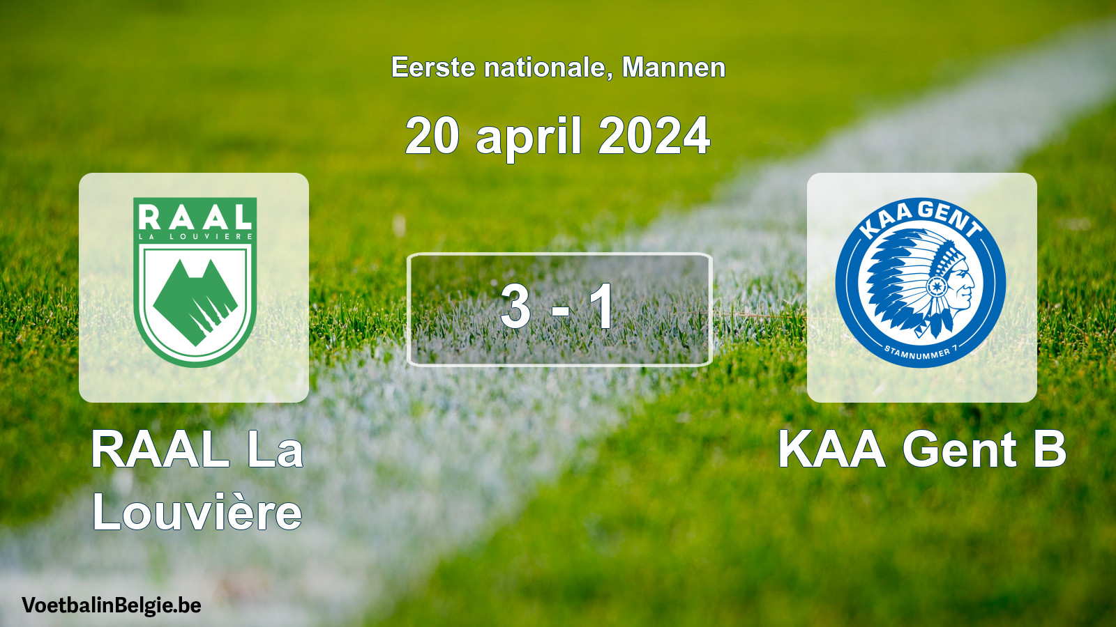 Gespeelde wedstrijd mannenvoetbal: RAAL La Louvière - KAA Gent B 3 - 1 (20 april 2024)