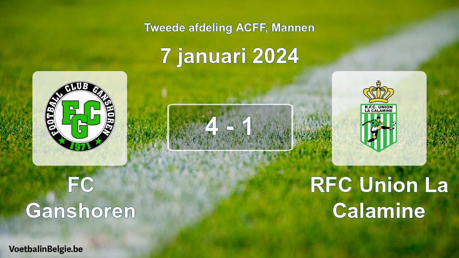 Gespeelde wedstrijd mannenvoetbal: FC Ganshoren - RFC Union La Calamine 4 - 1 (7 januari 2024)