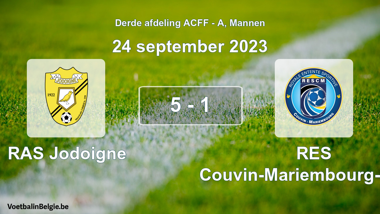 Gespeelde wedstrijd mannenvoetbal: RAS Jodoigne - RES Couvin-Mariembourg-Fraire 5 - 1 (24 september 2023)