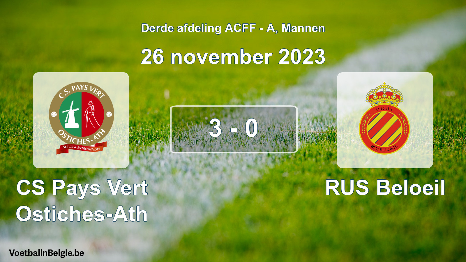 Gespeelde wedstrijd mannenvoetbal: CS Pays Vert Ostiches-Ath - RUS Beloeil 3 - 0 (26 november 2023)