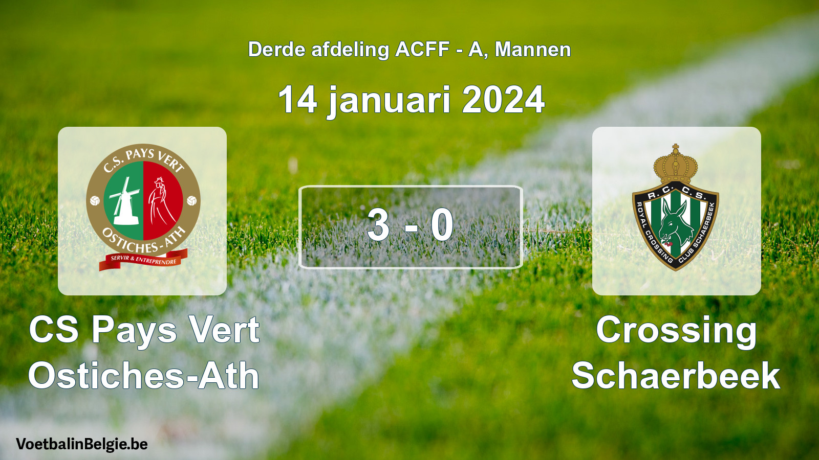 Gespeelde wedstrijd mannenvoetbal: CS Pays Vert Ostiches-Ath - Crossing Schaerbeek 3 - 0 (14 januari 2024)