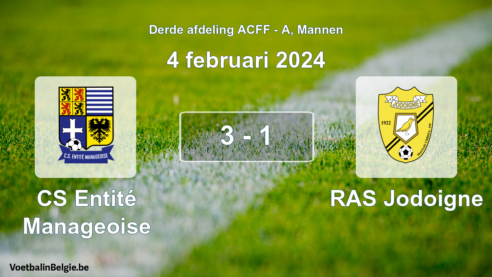 Gespeelde wedstrijd mannenvoetbal: CS Entité Manageoise - RAS Jodoigne 3 - 1 (4 februari 2024)
