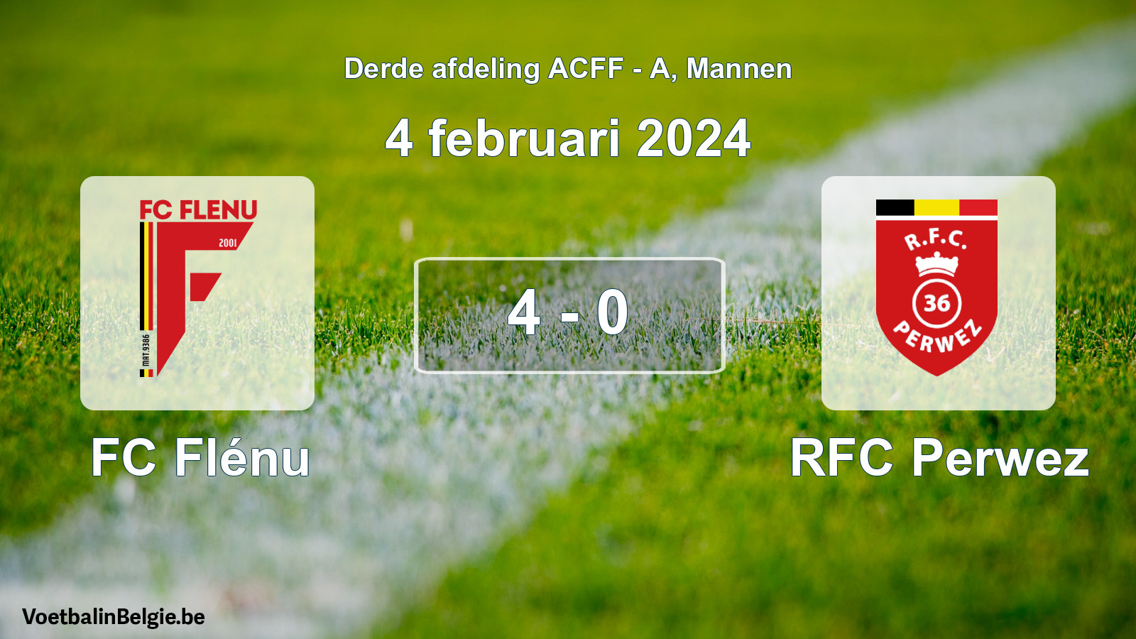 Gespeelde wedstrijd mannenvoetbal: FC Flénu - RFC Perwez 4 - 0 (4 februari 2024)