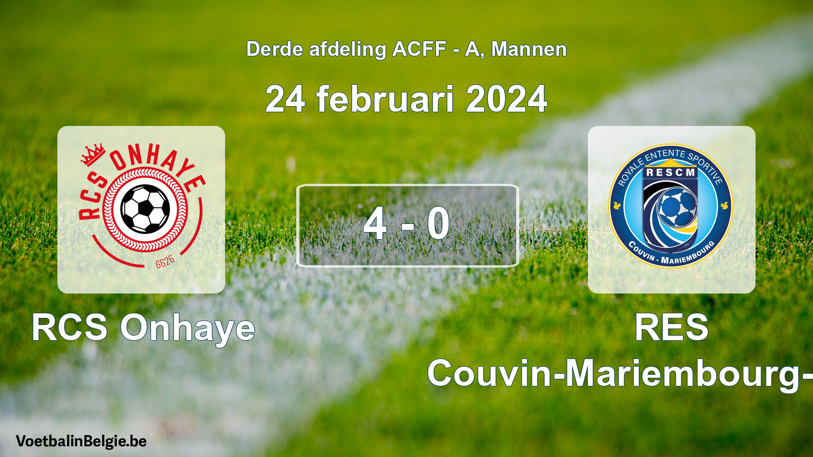 Gespeelde wedstrijd mannenvoetbal: RCS Onhaye - RES Couvin-Mariembourg-Fraire 4 - 0 (24 februari 2024)