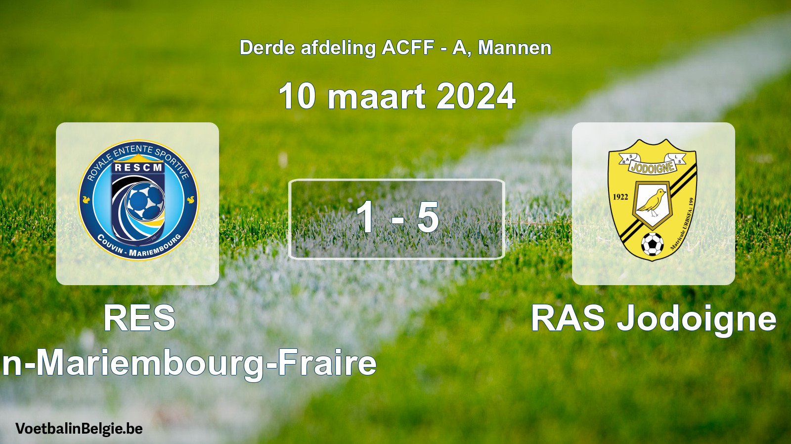 Gespeelde wedstrijd mannenvoetbal: RES Couvin-Mariembourg-Fraire - RAS Jodoigne 1 - 5 (10 maart 2024)