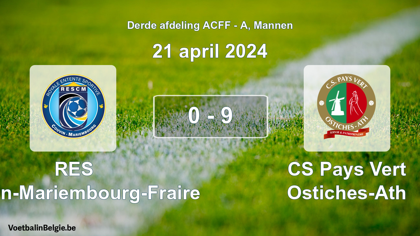 Gespeelde wedstrijd mannenvoetbal: RES Couvin-Mariembourg-Fraire - CS Pays Vert Ostiches-Ath 0 - 9 (21 april 2024)