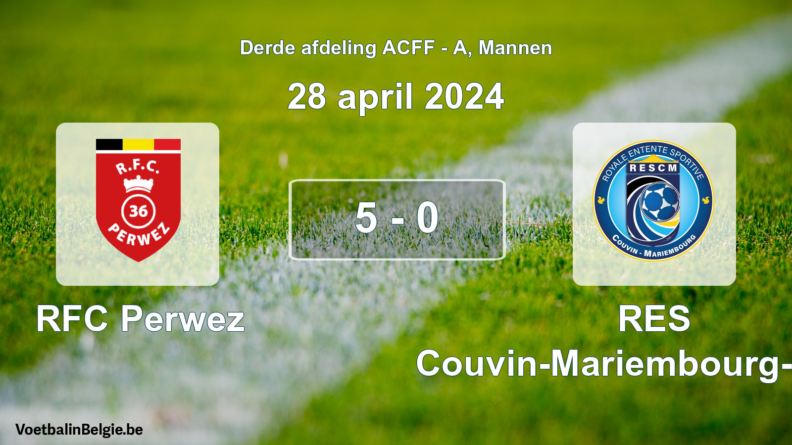 Gespeelde wedstrijd mannenvoetbal: RFC Perwez - RES Couvin-Mariembourg-Fraire 5 - 0 (28 april 2024)