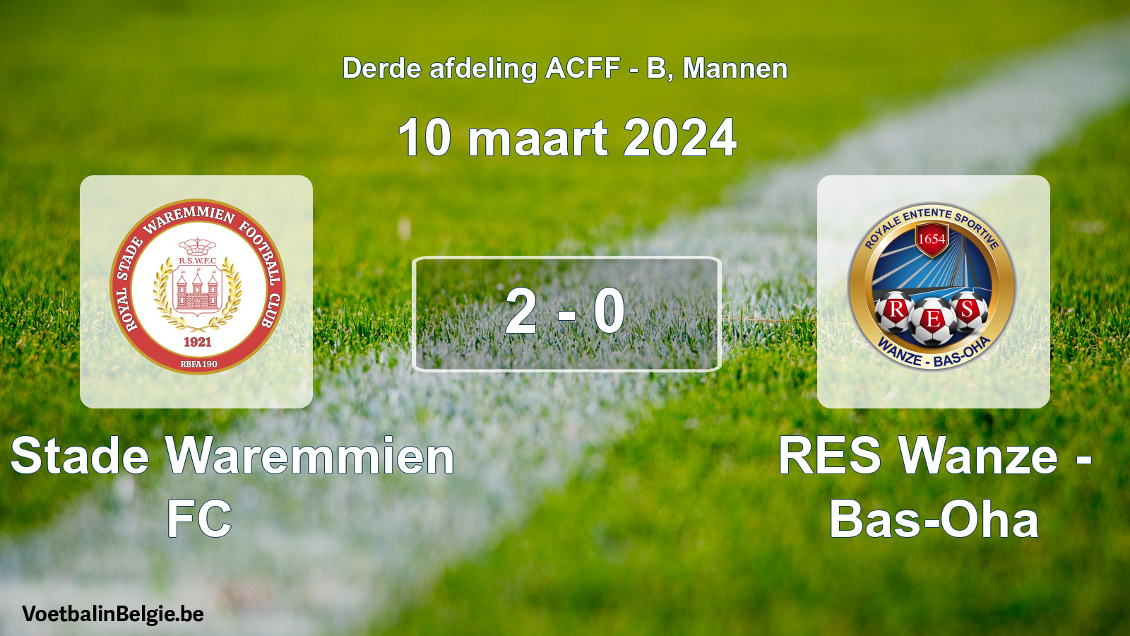 Gespeelde wedstrijd mannenvoetbal: R. Stade Waremmien FC - RES Wanze - Bas-Oha 2 - 0 (10 maart 2024)