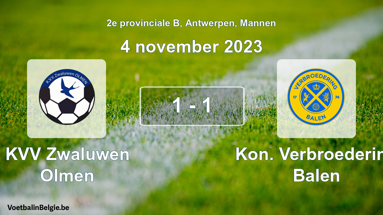 Gespeelde wedstrijd mannenvoetbal: KVV Zwaluwen Olmen - Kon. Verbroedering Balen 1 - 1 (4 november 2023)