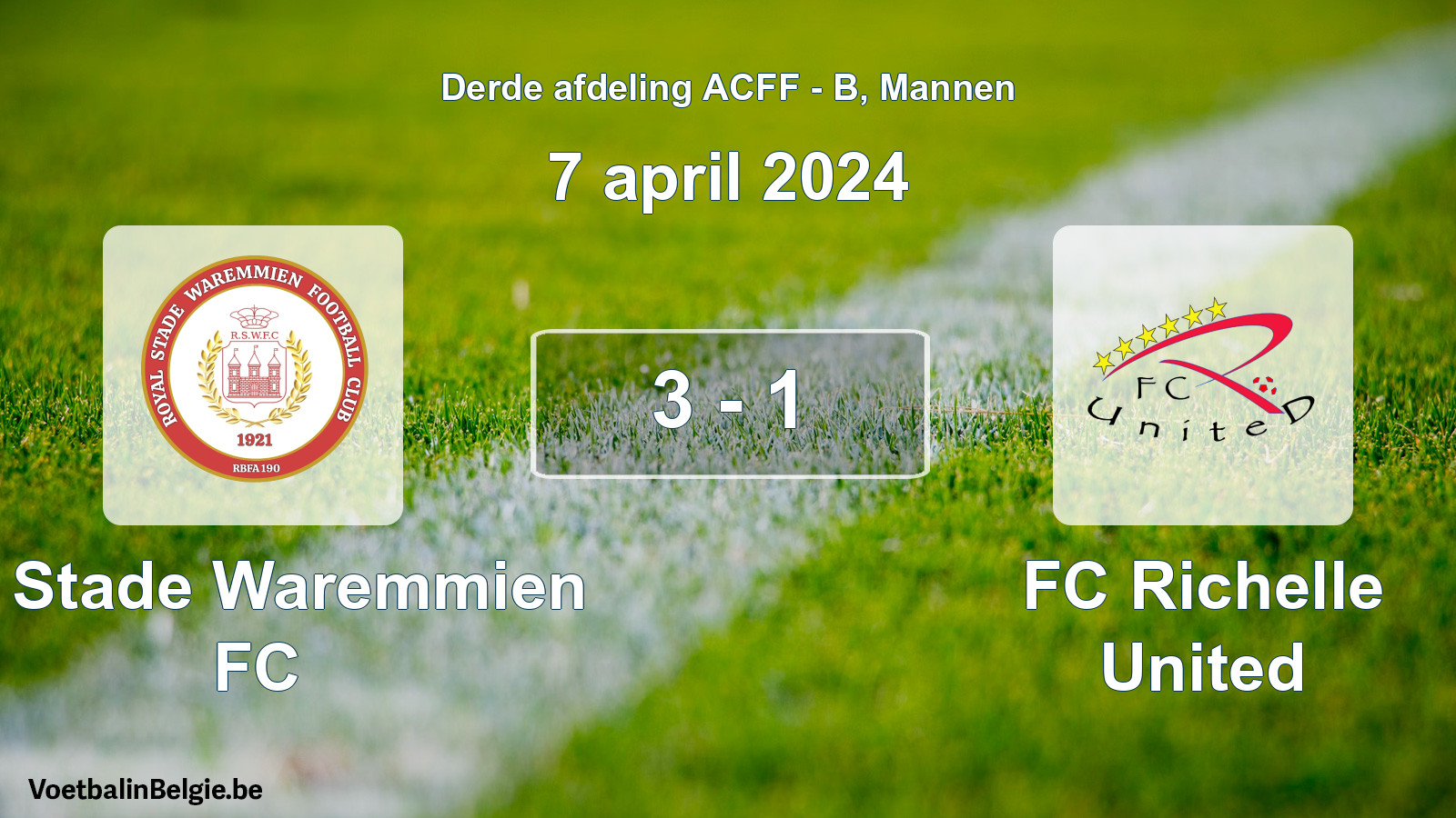 Gespeelde wedstrijd mannenvoetbal: R. Stade Waremmien FC - FC Richelle United 3 - 1 (7 april 2024)