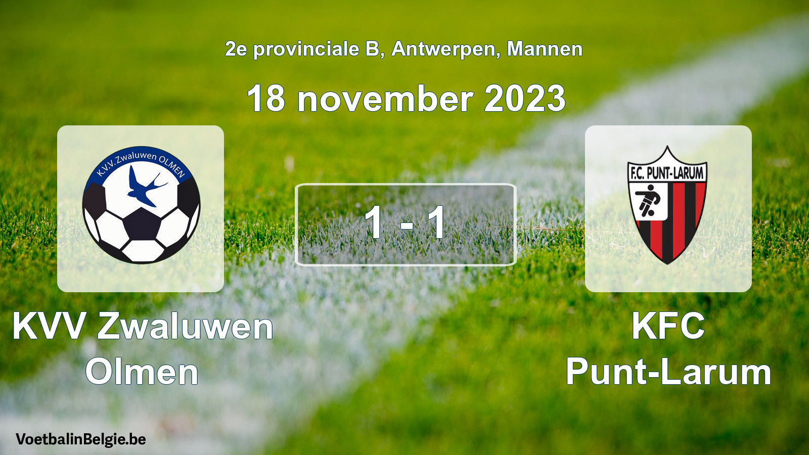 Gespeelde wedstrijd mannenvoetbal: KVV Zwaluwen Olmen - KFC Punt-Larum 1 - 1 (18 november 2023)