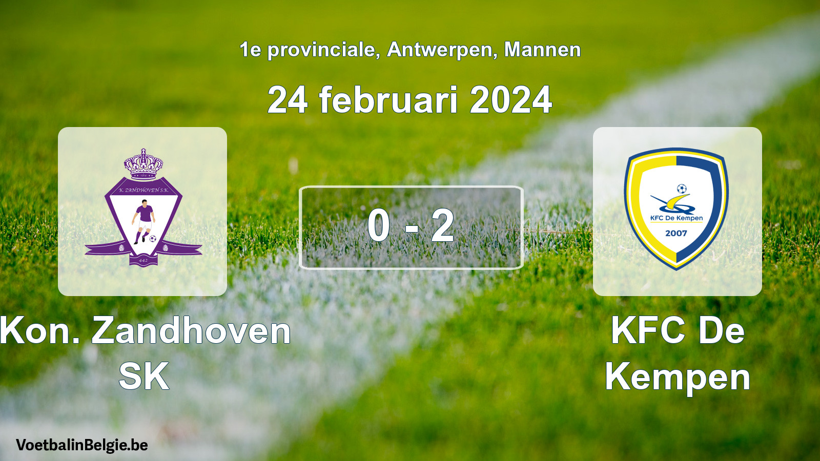 Gespeelde wedstrijd mannenvoetbal: Kon. Zandhoven SK - KFC De Kempen 0 - 2 (24 februari 2024)