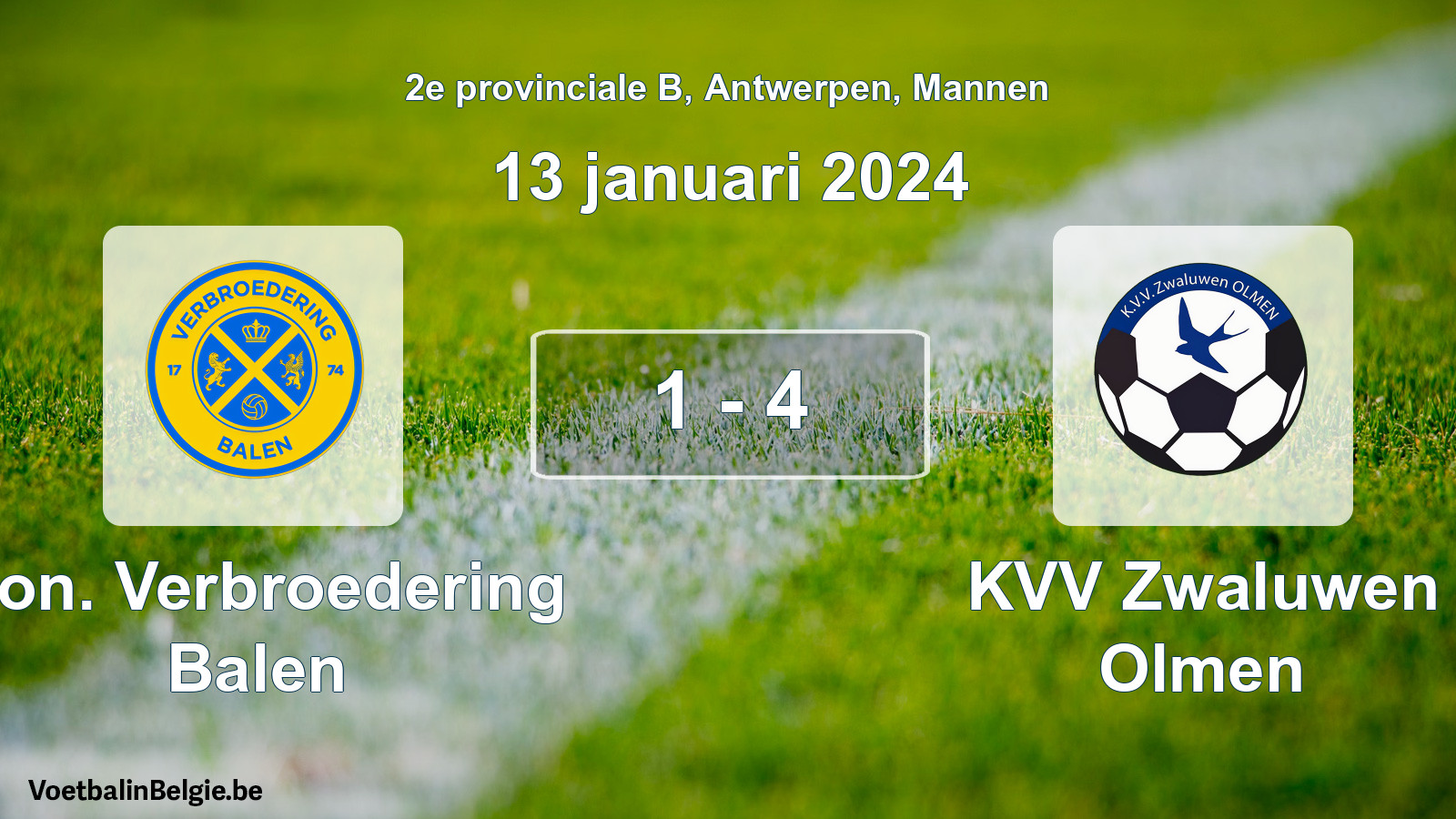 Gespeelde wedstrijd mannenvoetbal: Kon. Verbroedering Balen - KVV Zwaluwen Olmen 1 - 4 (13 januari 2024)