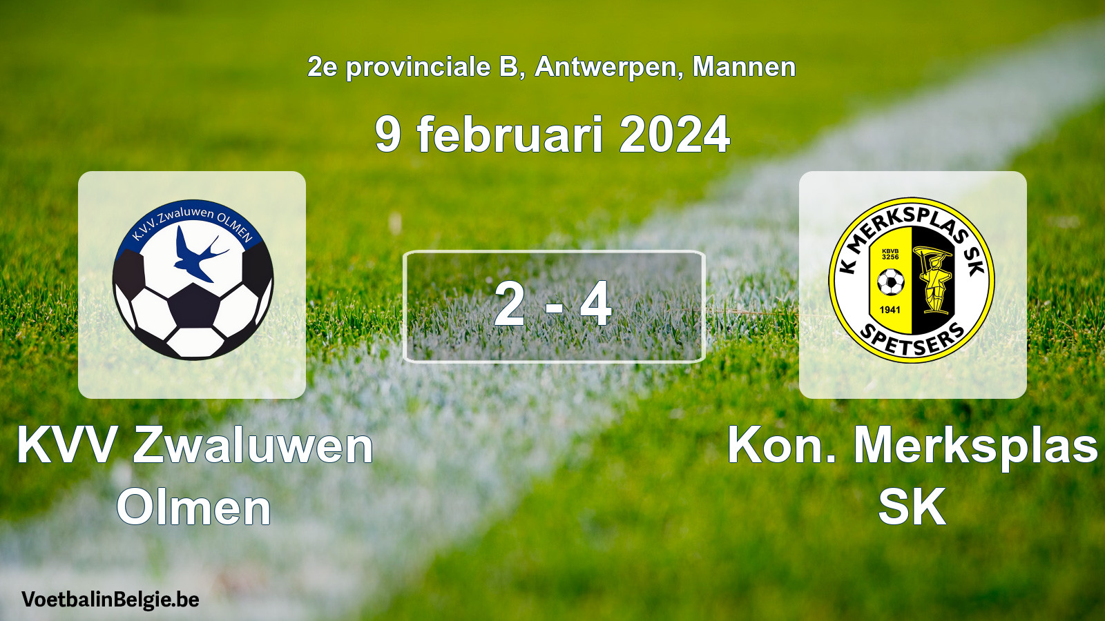 Gespeelde wedstrijd mannenvoetbal: KVV Zwaluwen Olmen - Kon. Merksplas SK 2 - 4 (9 februari 2024)