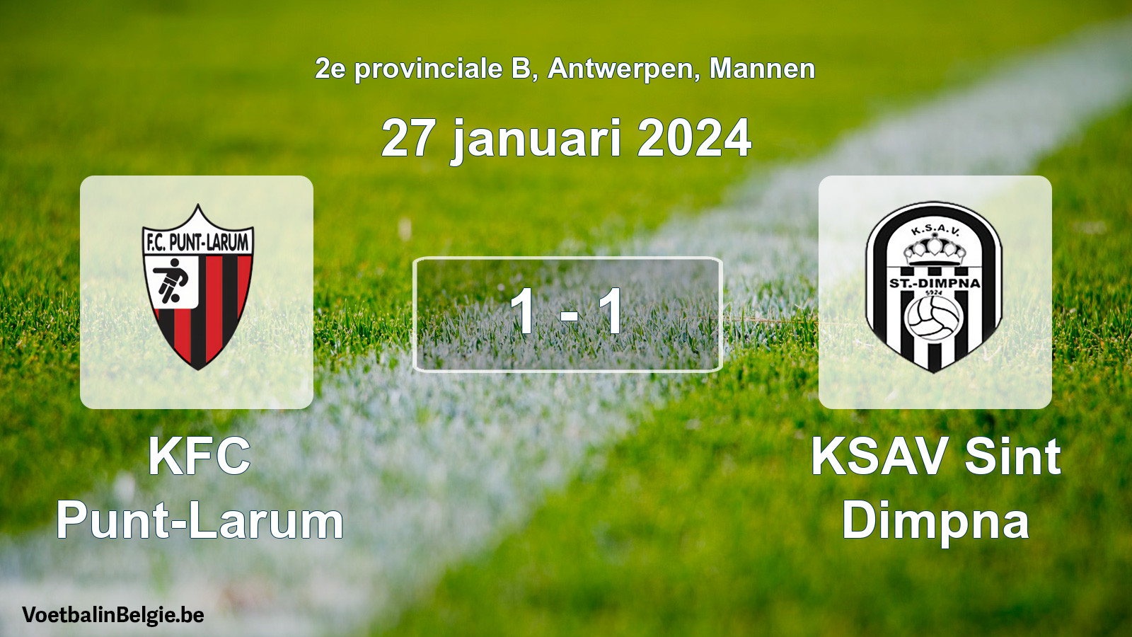 Gespeelde wedstrijd mannenvoetbal: KFC Punt-Larum - KSAV Sint Dimpna 1 - 1 (27 januari 2024)