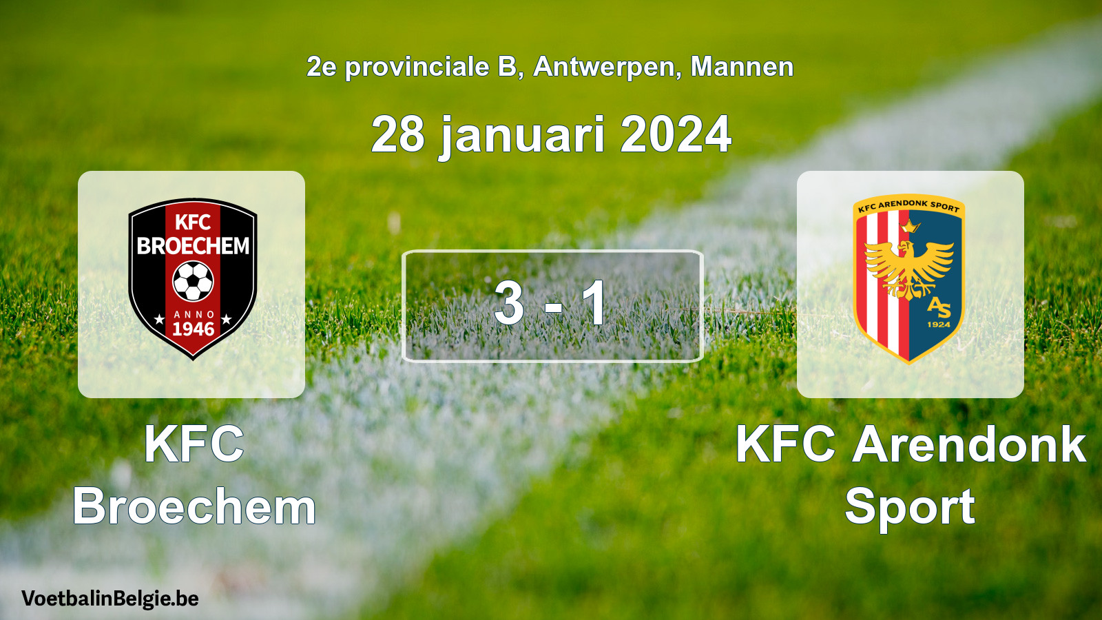 Gespeelde wedstrijd mannenvoetbal: KFC Broechem - KFC Arendonk Sport 3 - 1 (28 januari 2024)