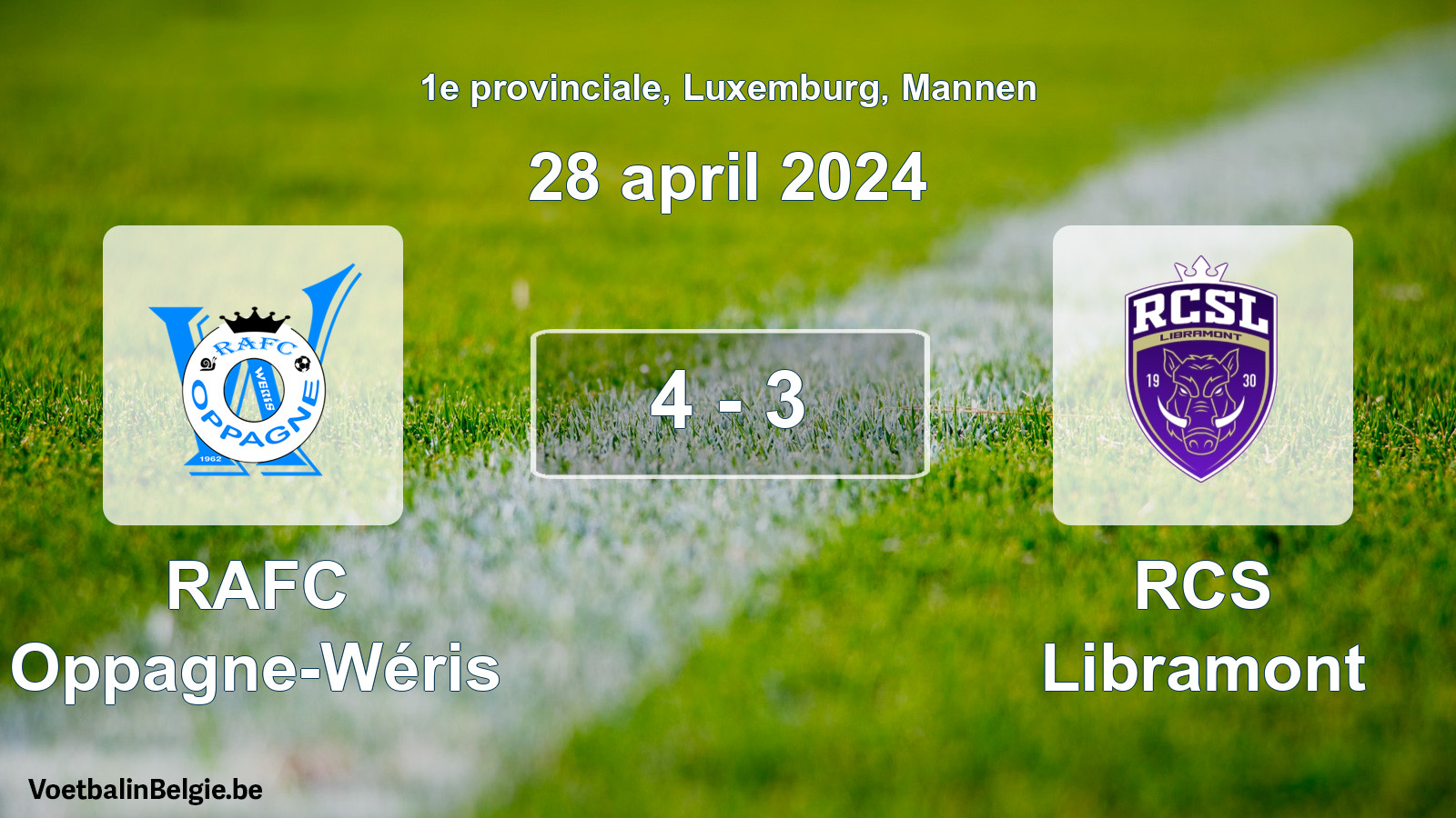 Gespeelde wedstrijd mannenvoetbal: RAFC Oppagne-Wéris - RCS Libramont 4 - 3 (28 april 2024)