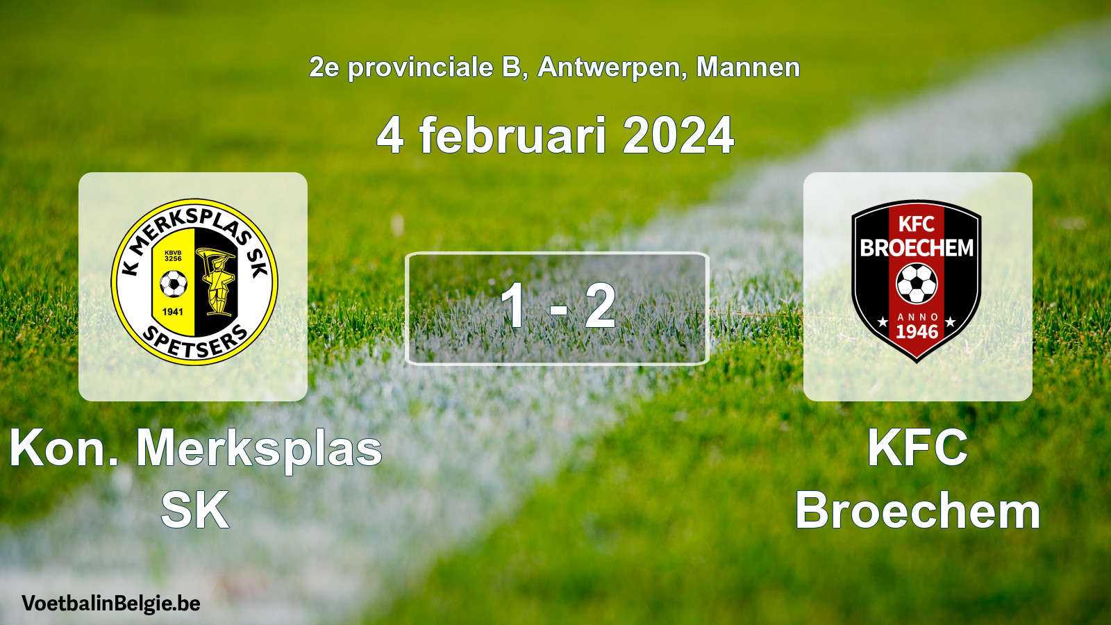 Gespeelde wedstrijd mannenvoetbal: Kon. Merksplas SK - KFC Broechem 1 - 2 (4 februari 2024)