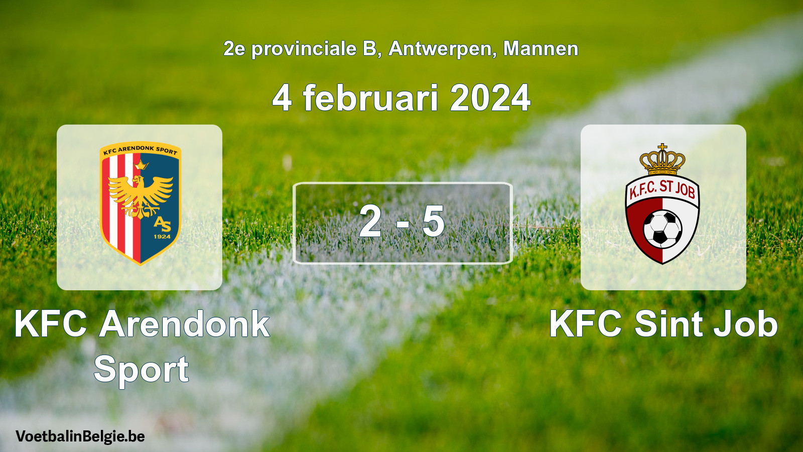 Gespeelde wedstrijd mannenvoetbal: KFC Arendonk Sport - KFC Sint Job 2 - 5 (4 februari 2024)